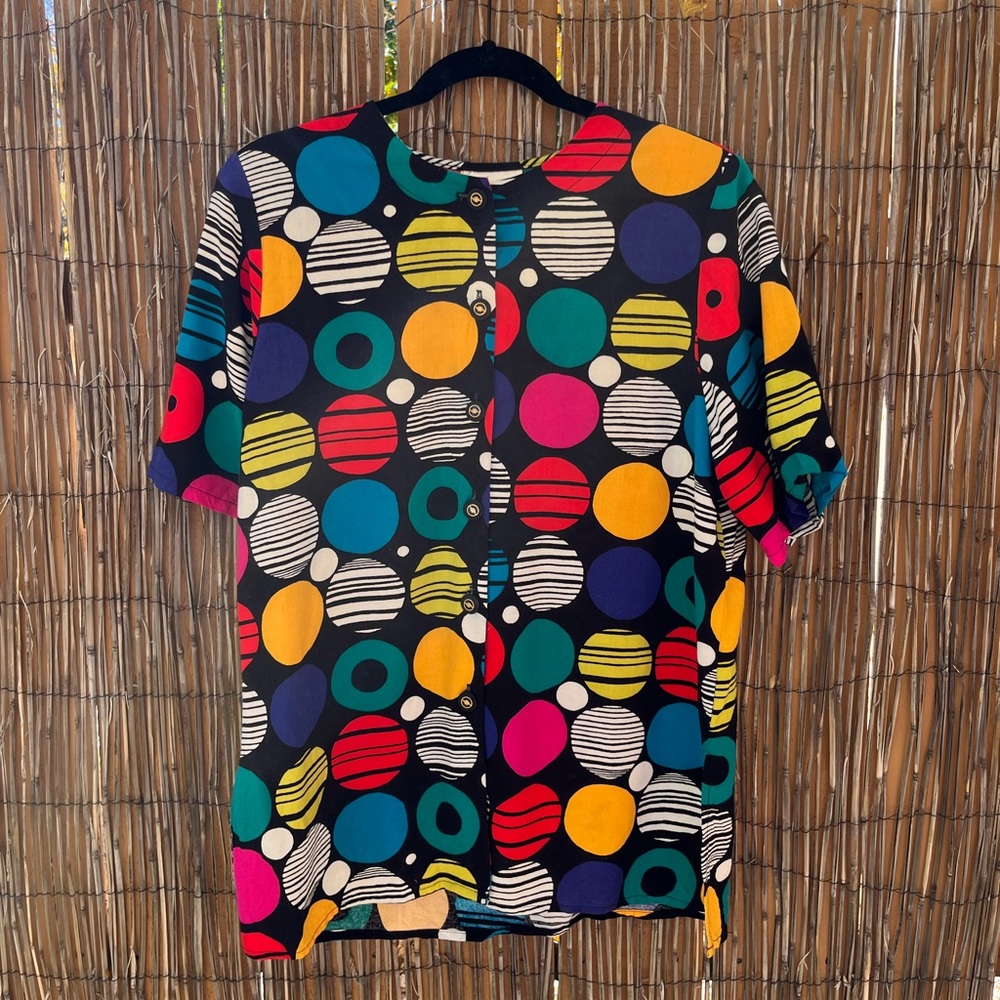 Kathie Lee Vintage 1980s Colorful Polka Dot Blouse Button Up Shirt Size 12 L/XL